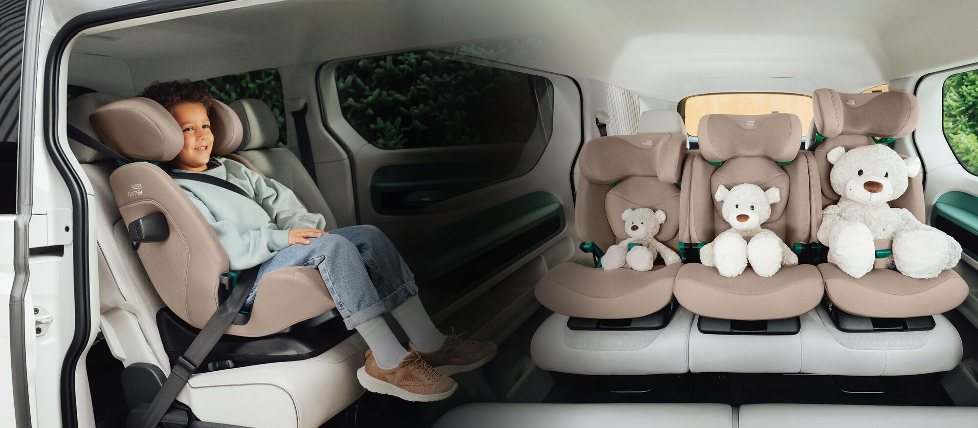 Child secured in SAFEFIX adjustable beige car seat, emphasizing long-term safety, ergonomic comfort, and grow-with-child design.
