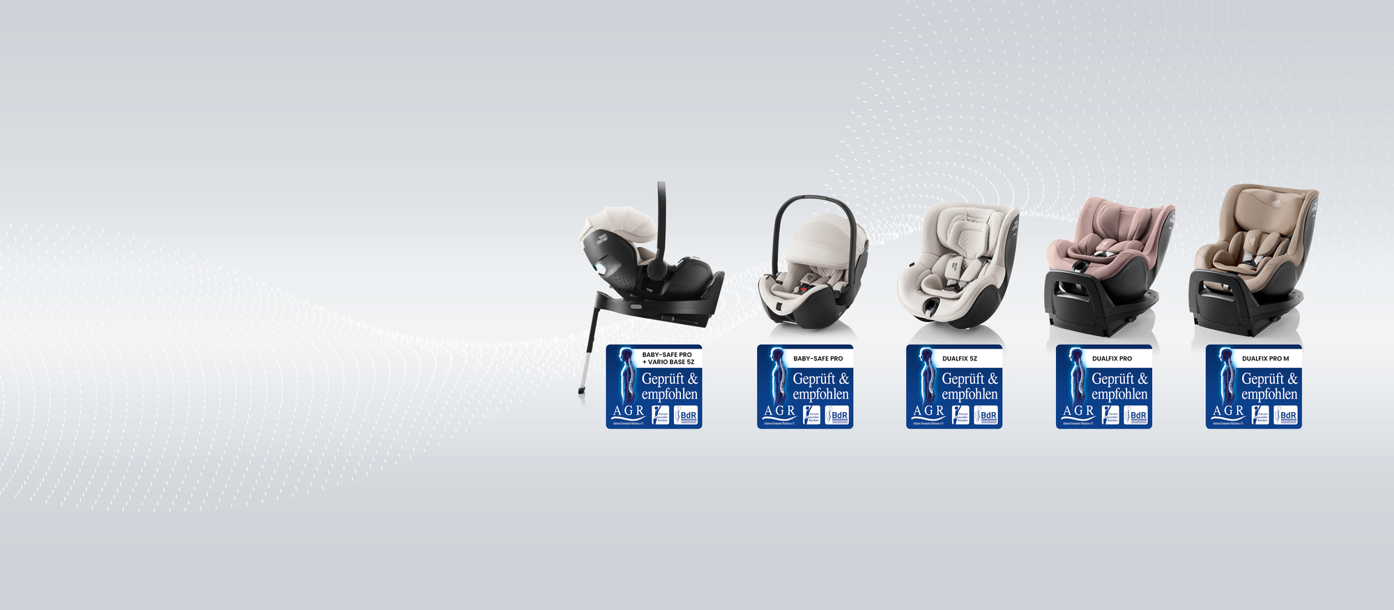 Von Aktion Gesunder R&uuml;cken e.V. (AGR) zertifizierte Baby- und Kindersitze, entwickelt mit r&uuml;ckenfreundlicher Ergonomie, dargestellt mit mehreren Modellen und dem AGR-Zertifizierungslogo.