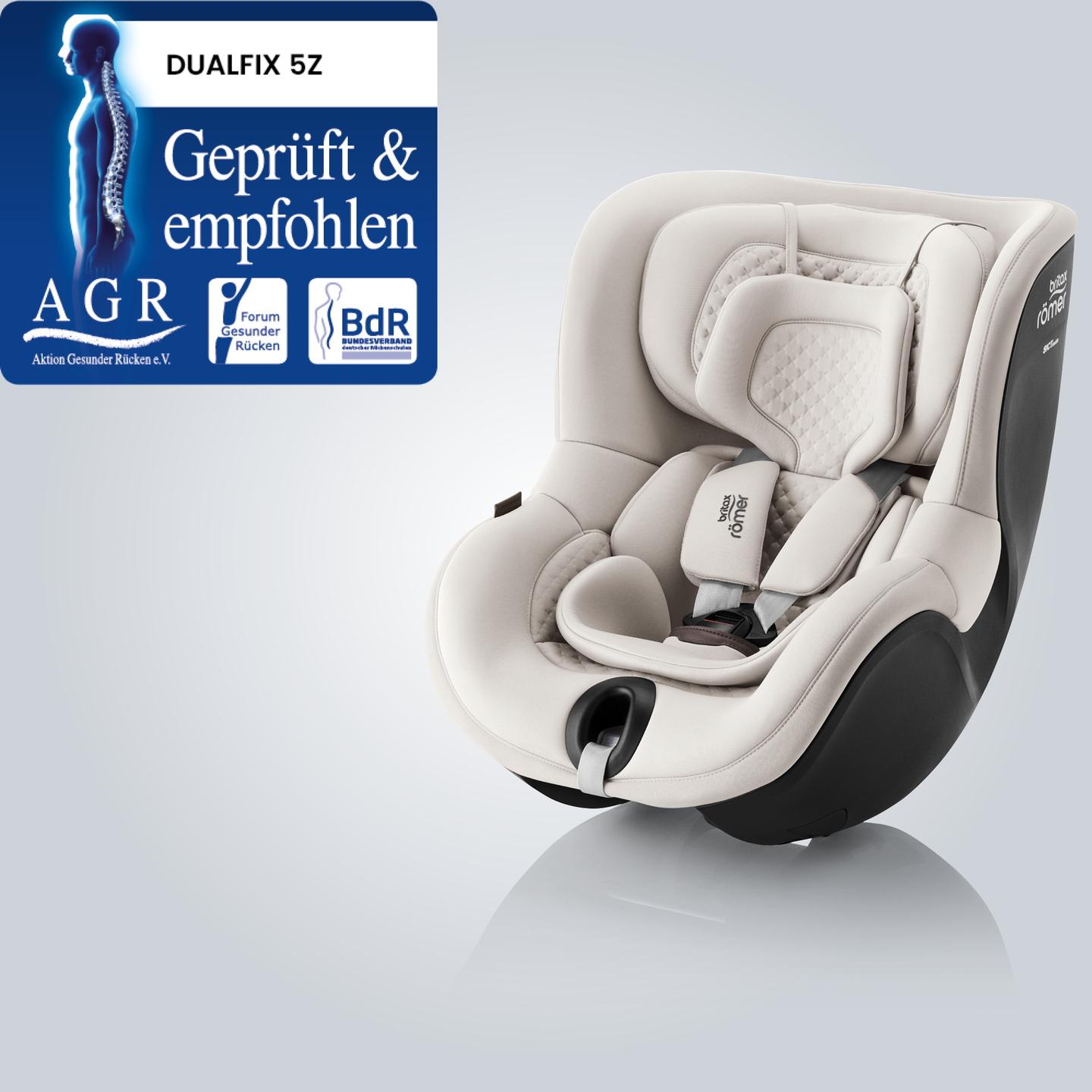 DUALFIX 5Z, a 360&deg; rotating toddler car seat, shown in a front-facing position with the Aktion Gesunder R&uuml;cken e.V. &ldquo;Tested & Recommended&rdquo; badge.