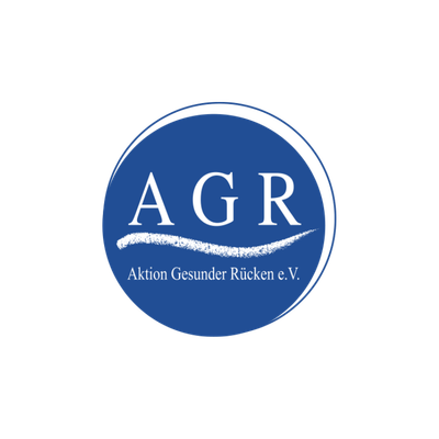 AGR (Aktion Gesunder R&uuml;cken e.V.) circular blue logo with white &ldquo;AGR&rdquo; lettering and the organization name &ldquo;Aktion Gesunder R&uuml;cken e.V.&rdquo; displayed below a curved underline.