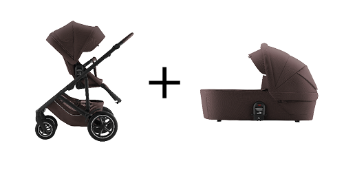 VENNA pushchair and VENNA carrycot in Chocolate color, shown as part of the VENNA ESSENTIAL SET